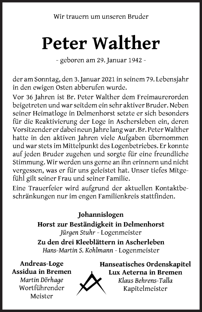 Traueranzeige von Peter Walther von WESER-KURIER