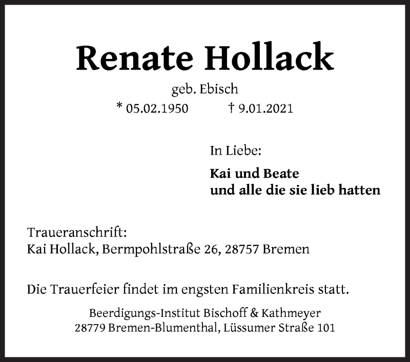 Traueranzeige von Renate Hollack von Die Norddeutsche