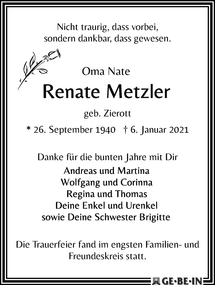Traueranzeige von Renate Metzler von WESER-KURIER