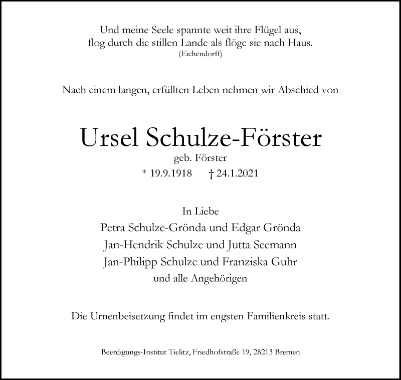 Traueranzeige von Ursel Schulze-Förster von WESER-KURIER