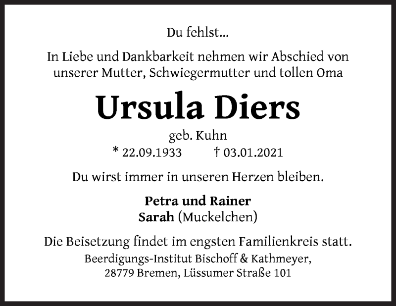 Traueranzeige von Ursula Diers von Die Norddeutsche