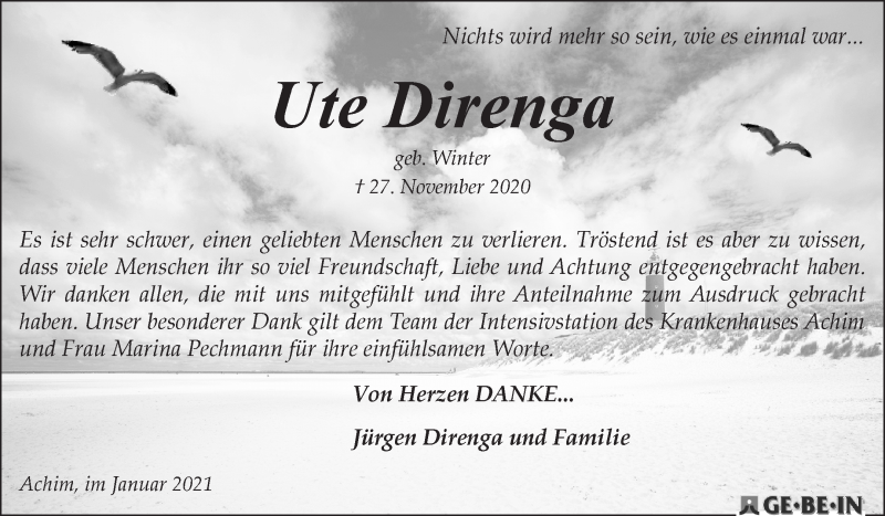 Traueranzeige von Ute Direnga von Achimer Kurier/Verdener Nachrichten