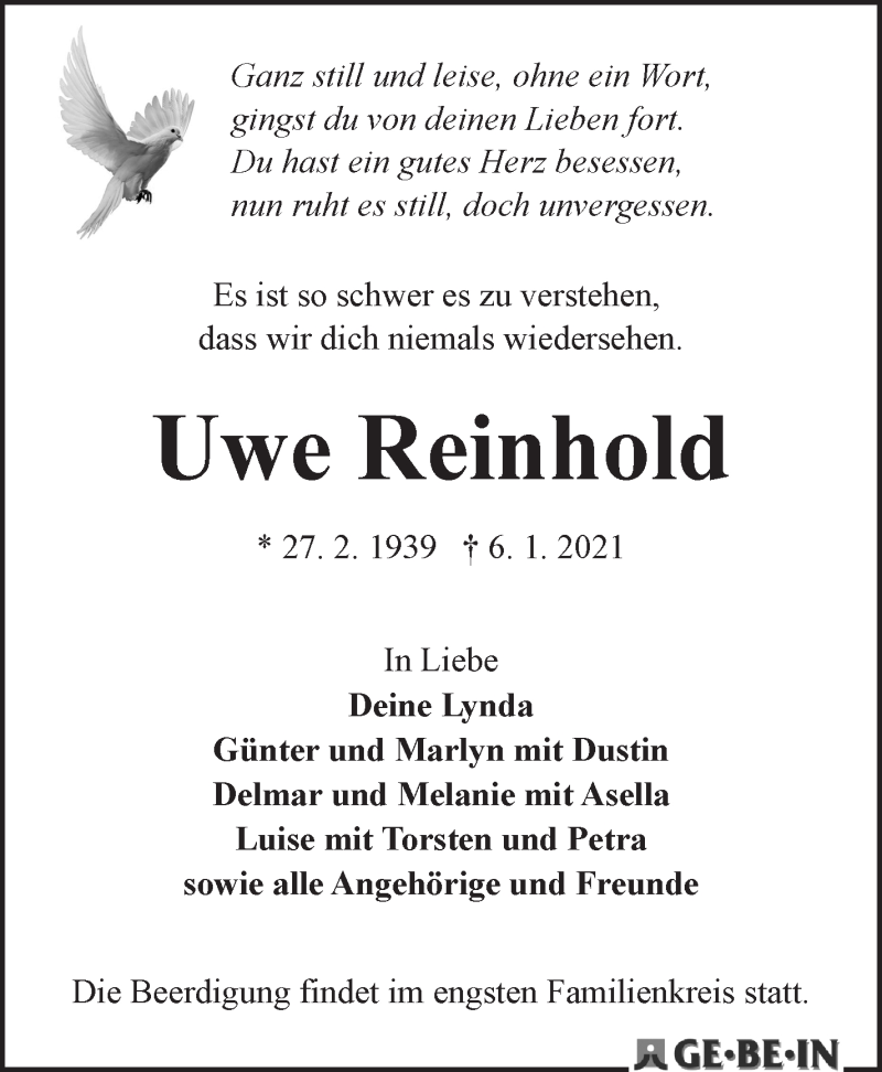 Traueranzeige von Uwe Reinhold von WESER-KURIER