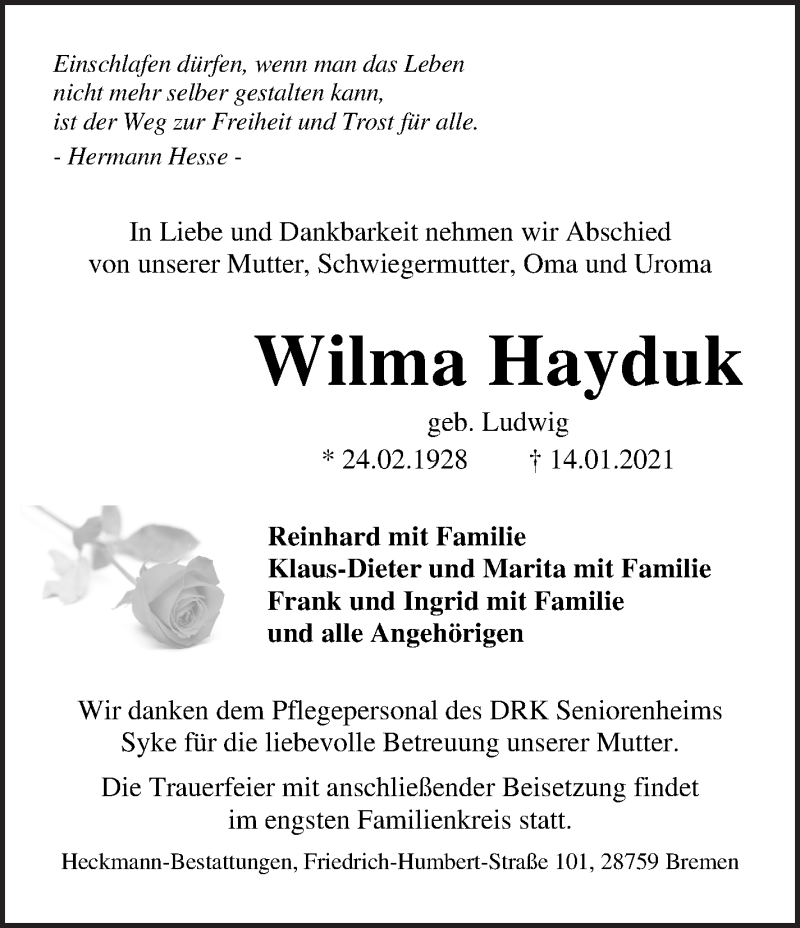 Traueranzeige von Wilma Hayduk von Die Norddeutsche
