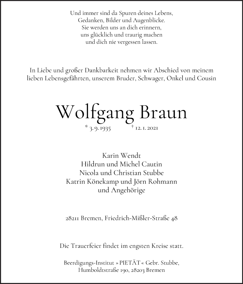 Traueranzeige von Wolfgang Braun von WESER-KURIER