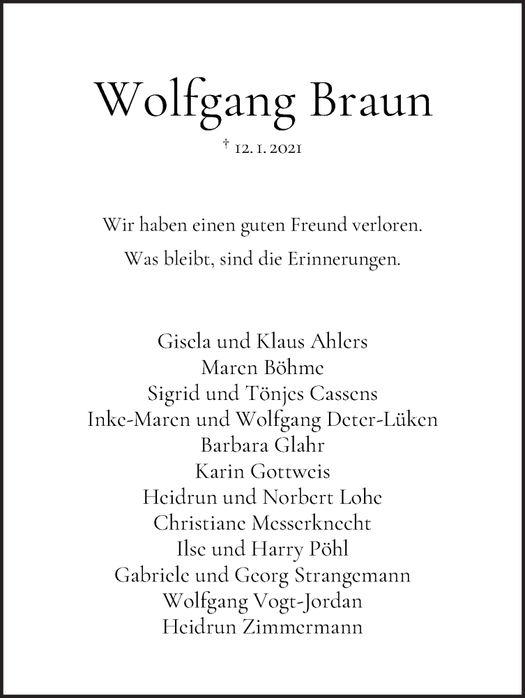 Traueranzeige von Wolfgang Braun von WESER-KURIER