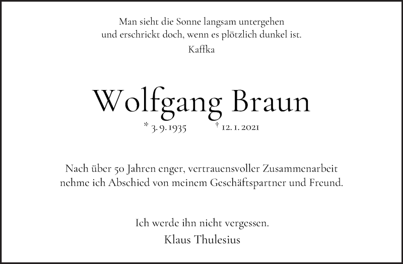 Traueranzeige von Wolfgang Braun von WESER-KURIER