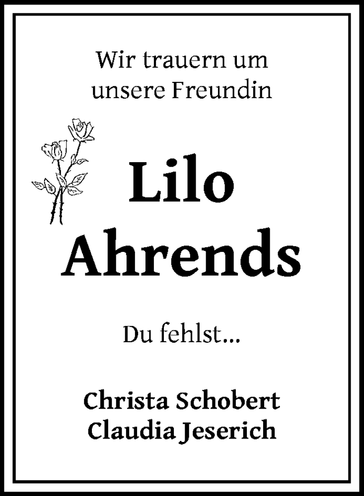 Traueranzeige von Lieselotte Ahrends von Die Norddeutsche
