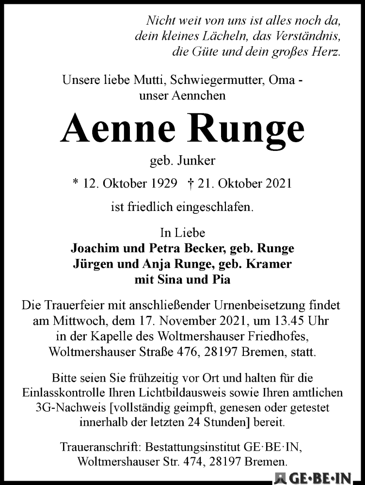 Traueranzeige von Aenne Runge von WESER-KURIER