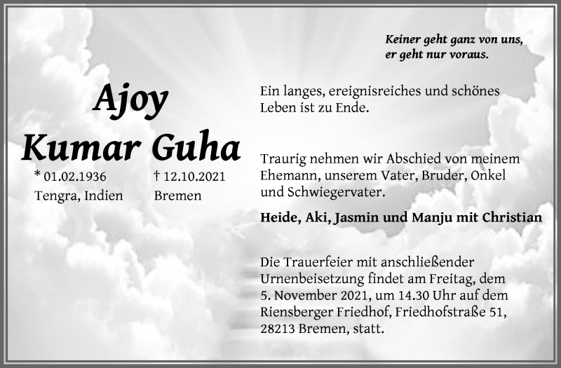 Traueranzeige von Ajoy Kumar  Guha von WESER-KURIER