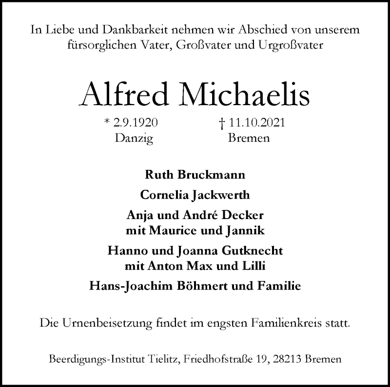 Traueranzeige von Alfred Michaelis von WESER-KURIER