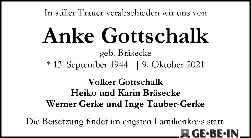 Traueranzeige von Anke Gottschalk von WESER-KURIER
