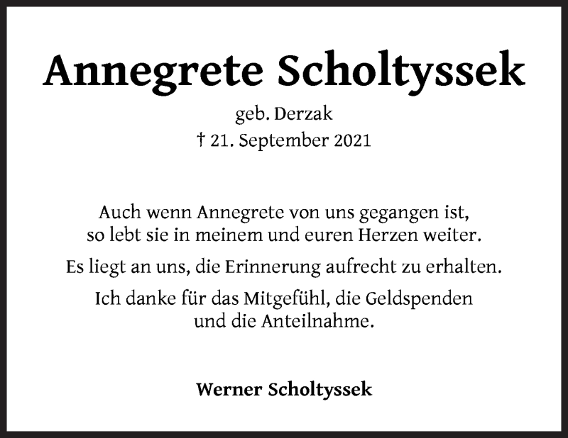 Traueranzeige von Annegrete Scholtyssek von Die Norddeutsche