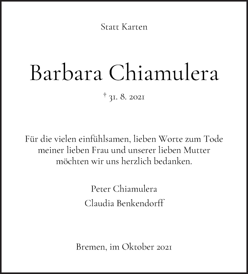Traueranzeige von Barbara Chiamulera von WESER-KURIER