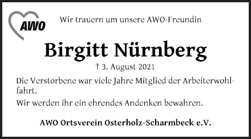 Traueranzeige von Birgitt Nürnberg von Osterholzer Kreisblatt