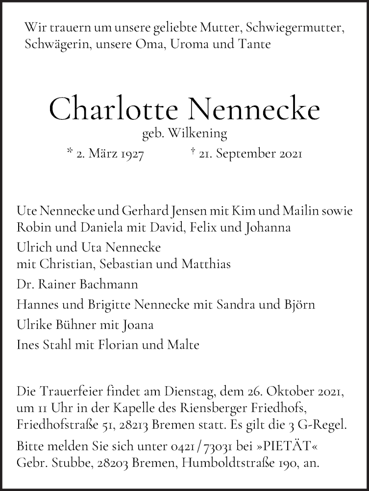 Traueranzeige von Charlotte Nennecke von WESER-KURIER