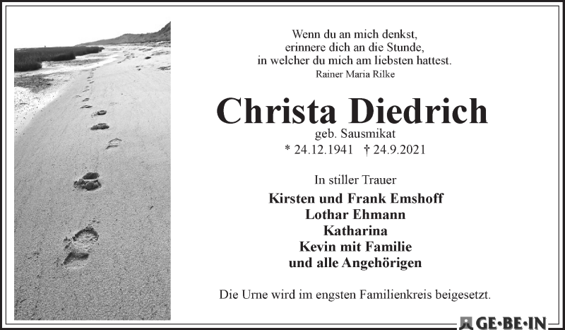 Traueranzeige von Christa Diedrich von WESER-KURIER