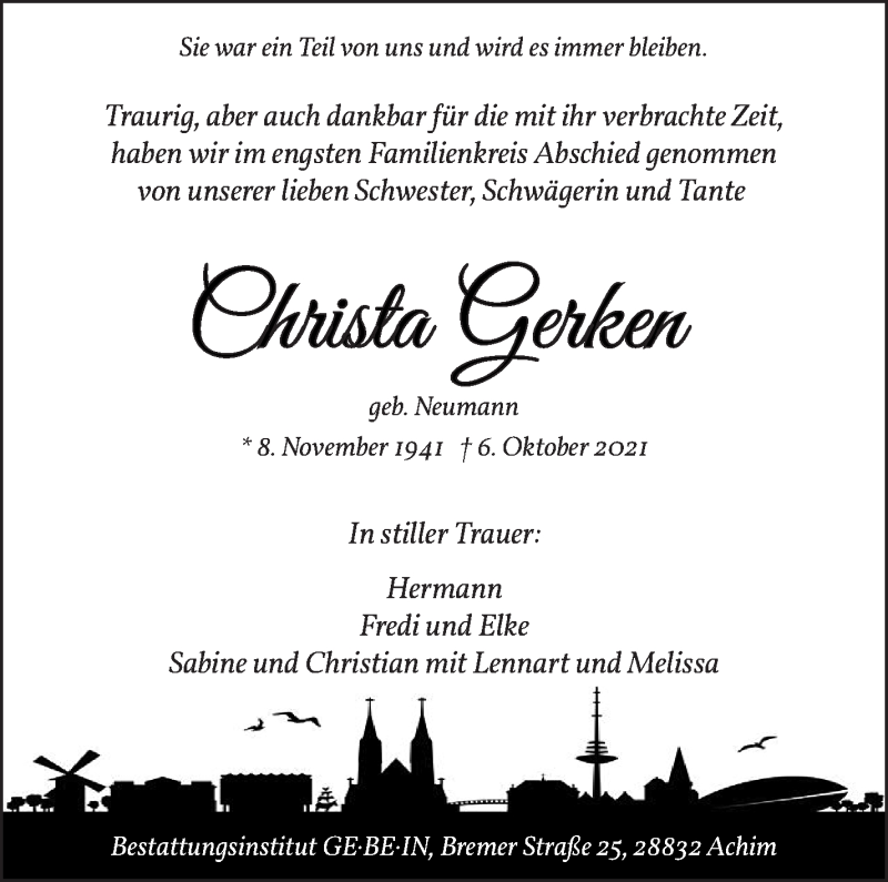Traueranzeige von Christa Gerken von WESER-KURIER