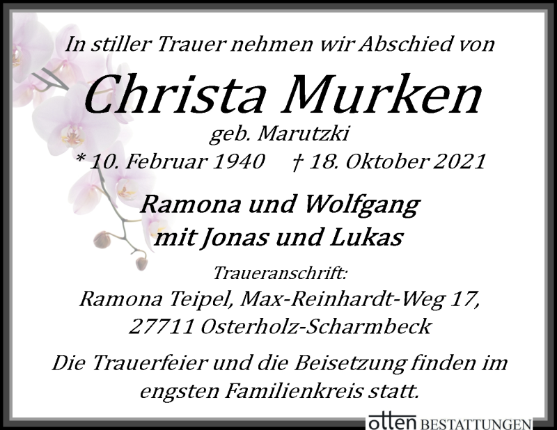 Traueranzeige von Christa Murken von Osterholzer Kreisblatt