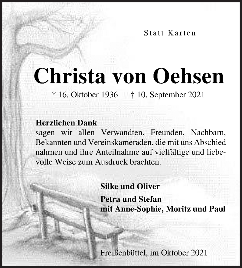 Traueranzeige von Christa von Oehsen von Osterholzer Kreisblatt