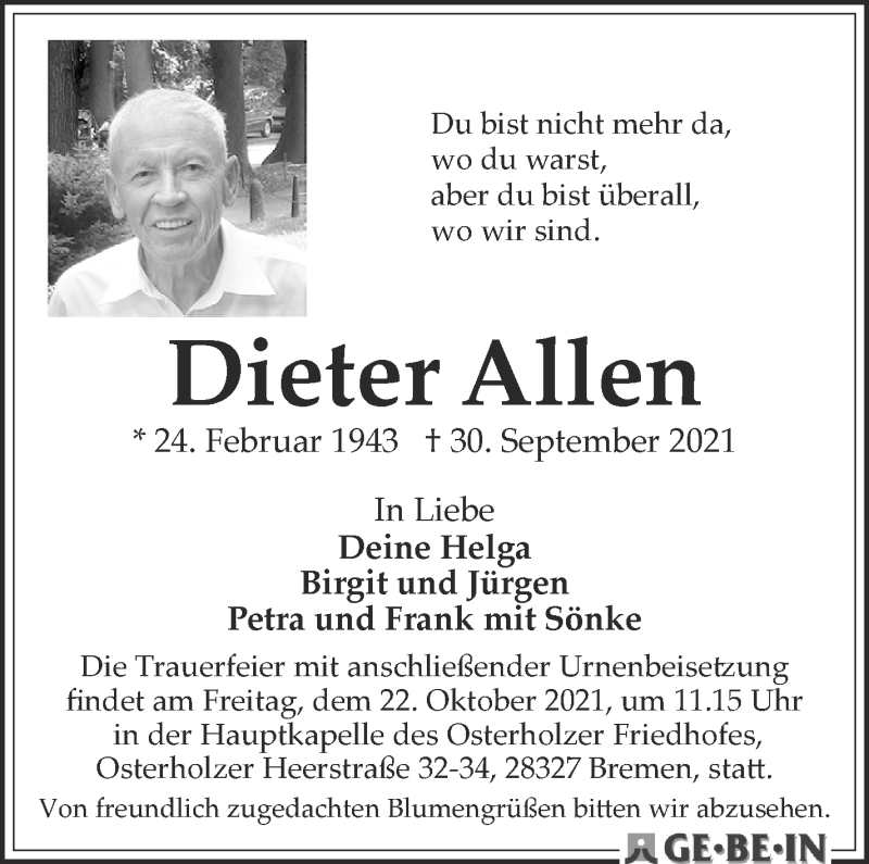 Traueranzeige von Dieter Allen von WESER-KURIER