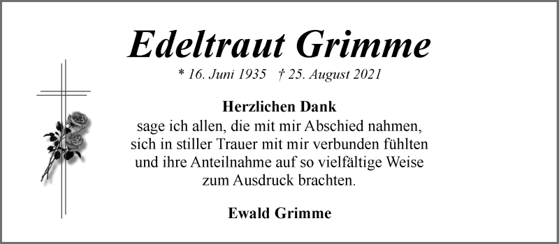 Traueranzeige von Edeltraut Grimme von WESER-KURIER