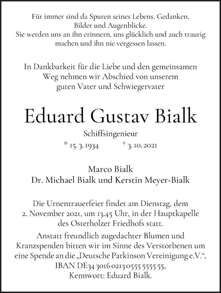 Traueranzeige von Eduard Gustav Bialk von WESER-KURIER
