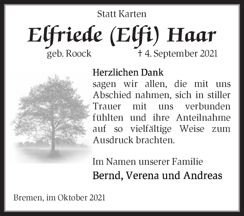 Traueranzeige von Elfriede Haar von WESER-KURIER
