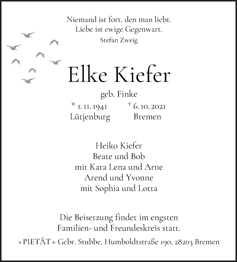 Traueranzeige von Elke Kiefer von WESER-KURIER