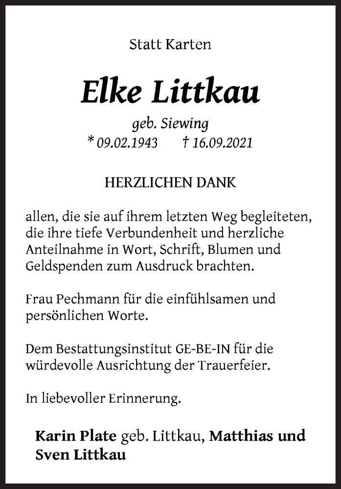 Traueranzeige von Elke Littkau von WESER-KURIER