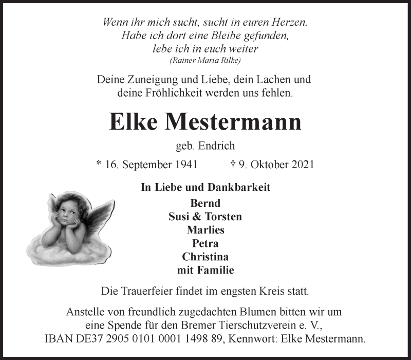 Traueranzeige von Elke Mestermann von WESER-KURIER
