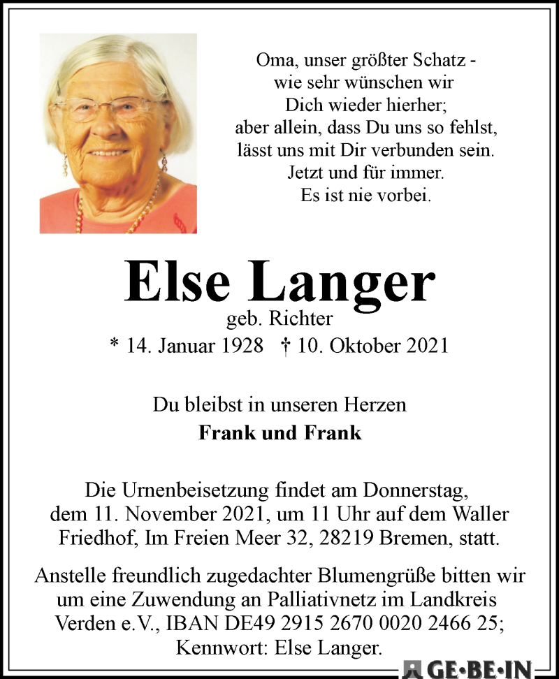 Traueranzeige von Else Langer von WESER-KURIER