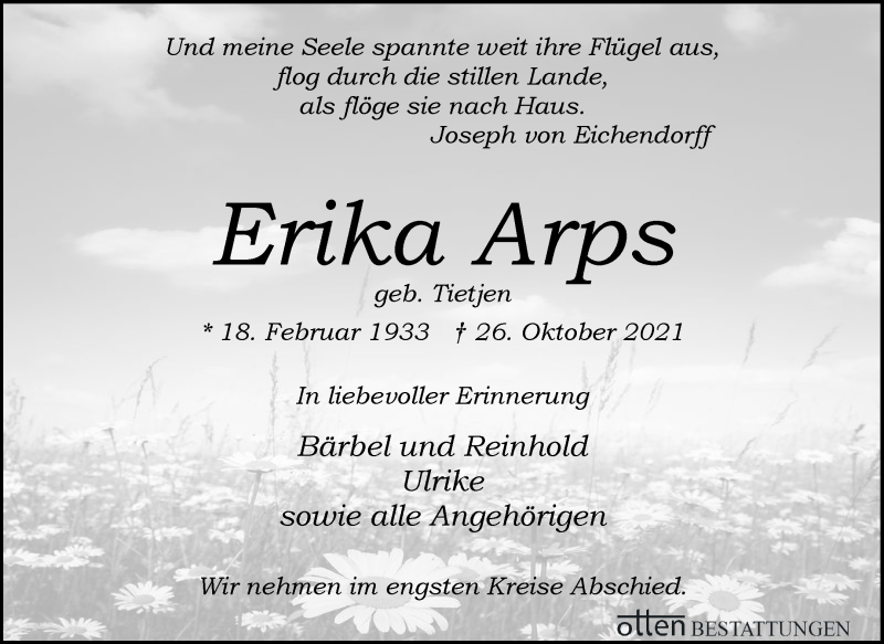 Traueranzeige von Erika Arps von Osterholzer Kreisblatt