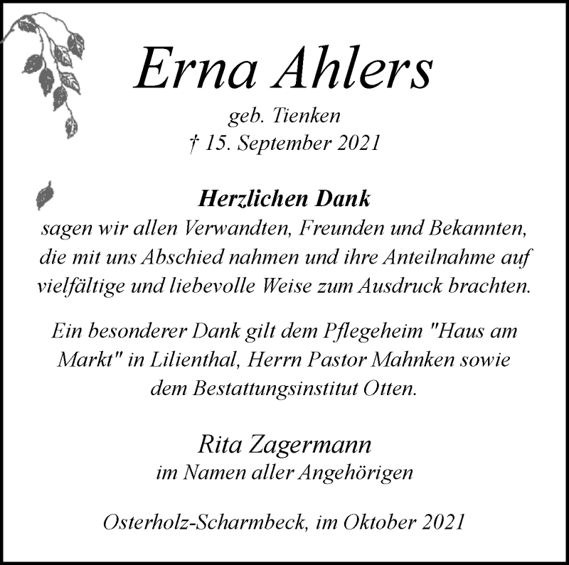 Traueranzeige von Erna Ahlers von Osterholzer Kreisblatt