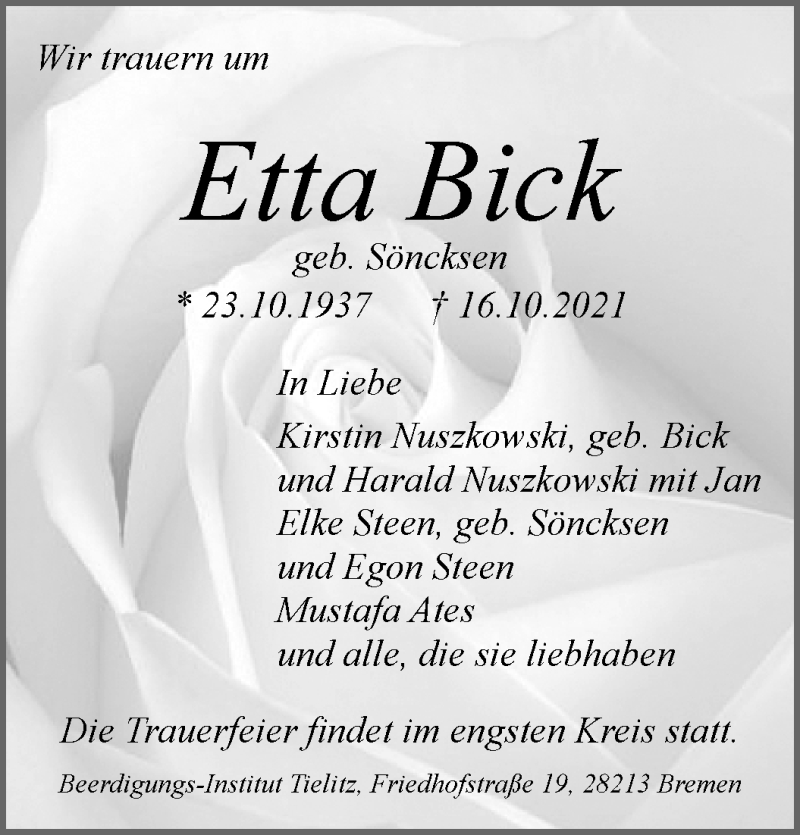 Traueranzeige von Etta Bick von WESER-KURIER