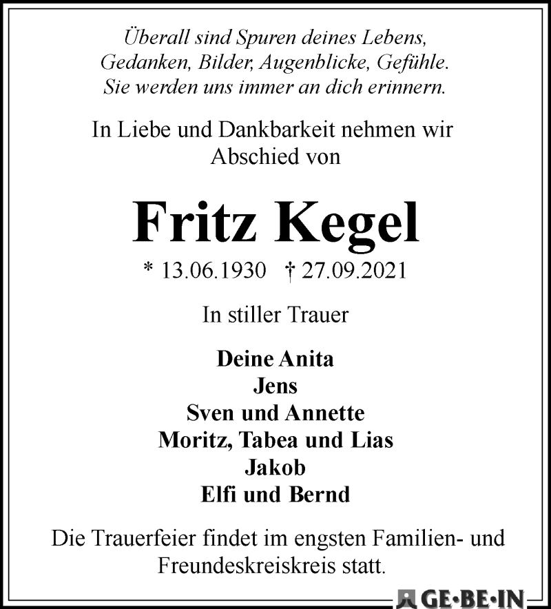Traueranzeige von Fritz Kegel von WESER-KURIER