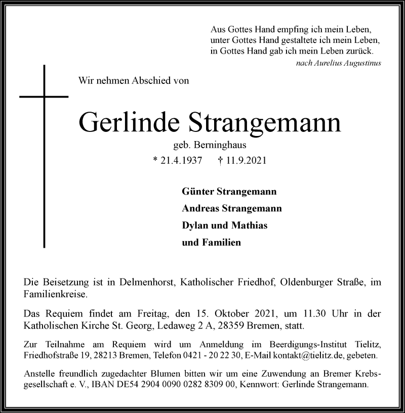 Traueranzeige von Gerlinde Strangemann von WESER-KURIER