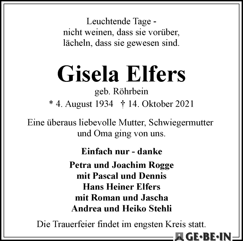 Traueranzeige von Gisela Elfers von WESER-KURIER