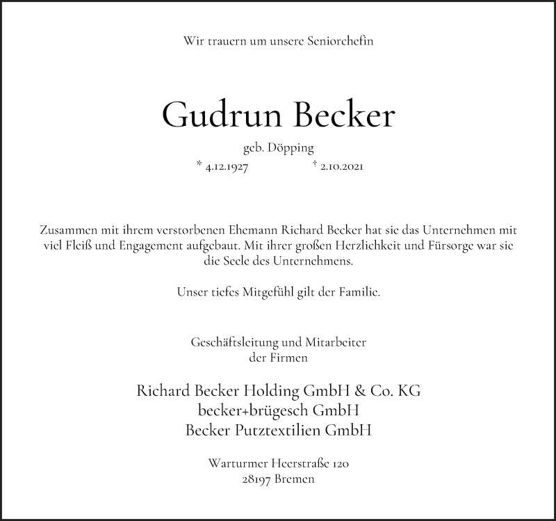 Traueranzeige von Gudrun Becker von WESER-KURIER