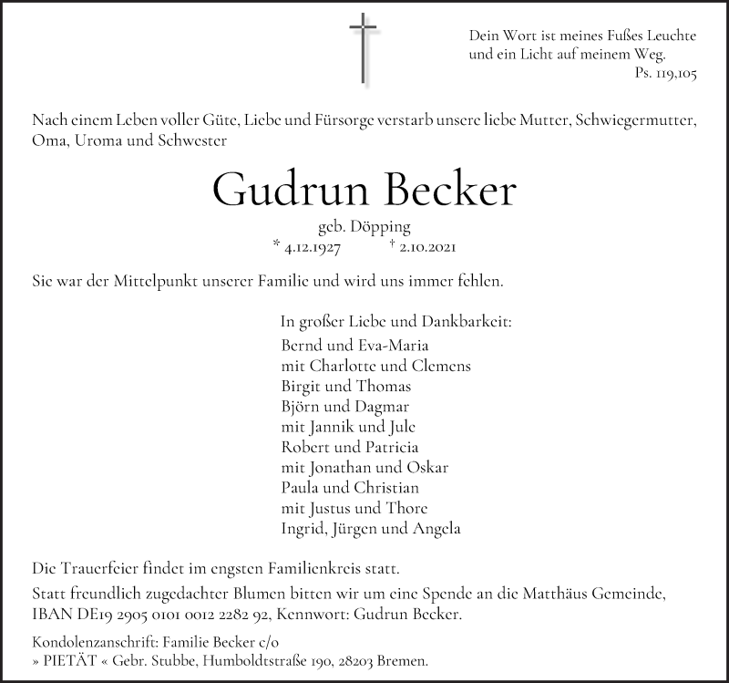 Traueranzeige von Gudrun Becker von WESER-KURIER