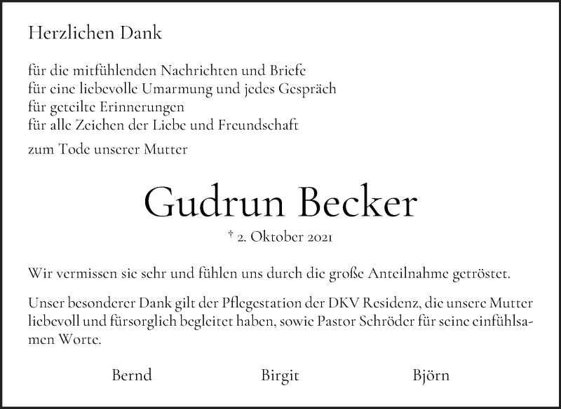 Traueranzeige von Gudrun Becker von WESER-KURIER