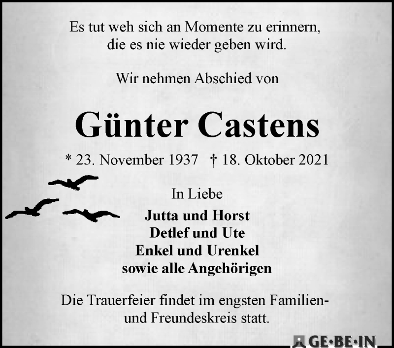 Traueranzeige von Günter Castens von WESER-KURIER