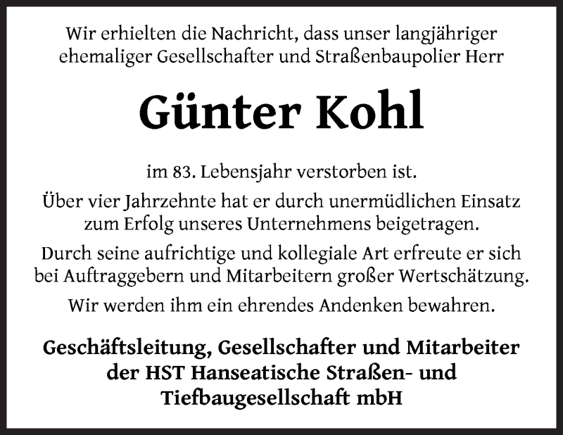 Traueranzeige von Günter Kohl von WESER-KURIER