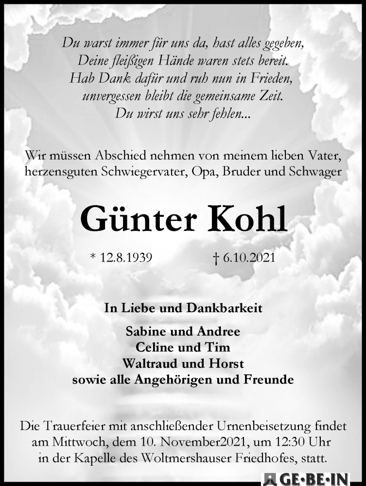 Traueranzeige von Günter Kohl von WESER-KURIER
