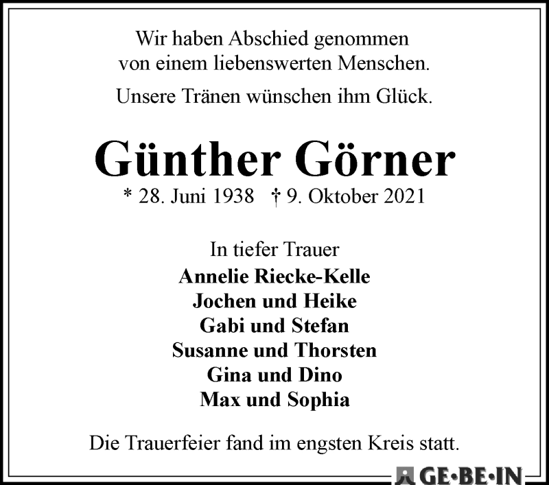 Traueranzeige von Günther Görner von WESER-KURIER