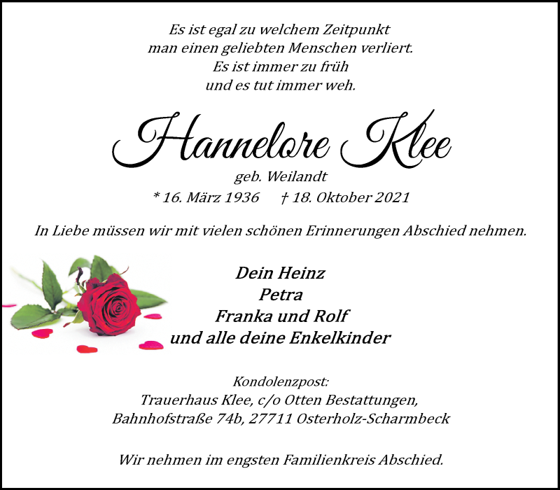 Traueranzeige von Hannelore Klee von Osterholzer Kreisblatt