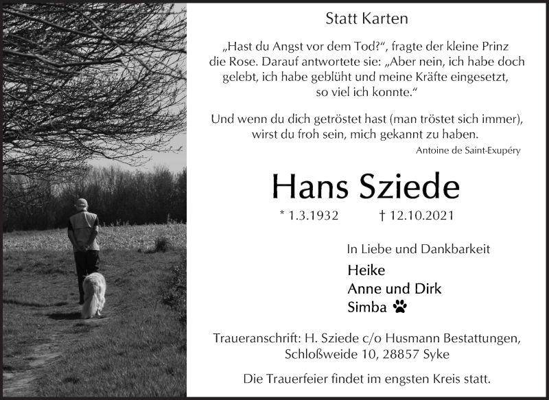 Traueranzeige von Hans Sziede von WESER-KURIER