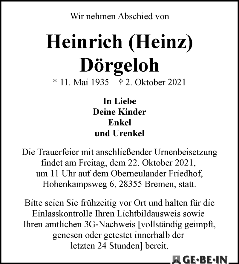 Traueranzeige von Heinrich Dörgeloh von WESER-KURIER