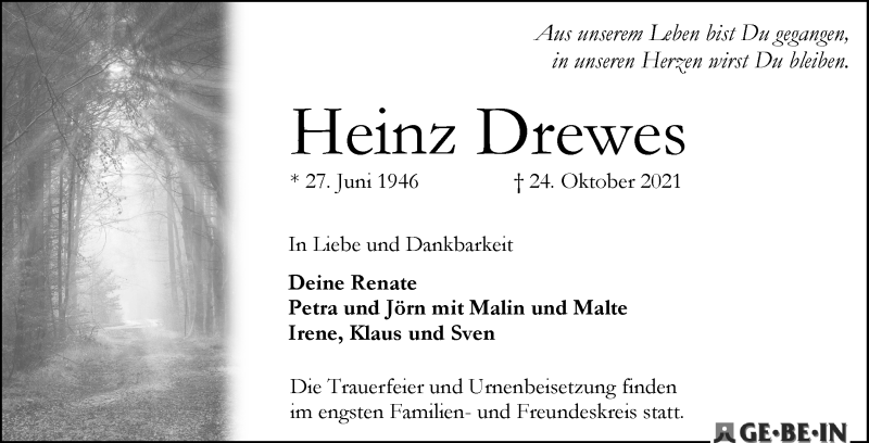 Traueranzeige von Heinz Drewes von WESER-KURIER
