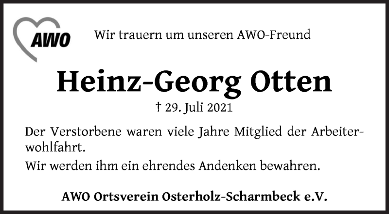Traueranzeige von Heinz-Georg Otten von Osterholzer Kreisblatt